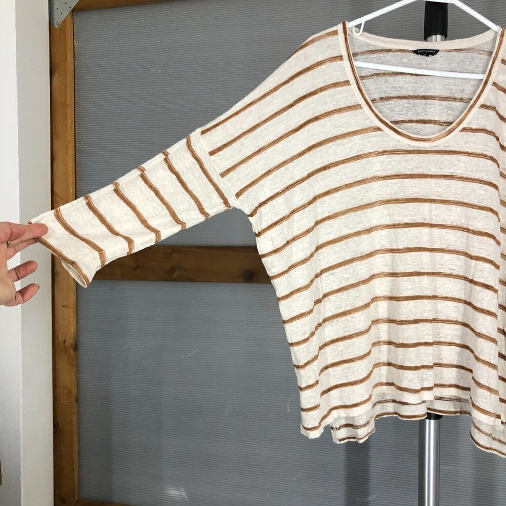 CLUB‎ MONACO 100% Linen Cream Brown Stripe 3/4 Sleeve Oversize Shirt Sz M/L - Picture 2 of 13